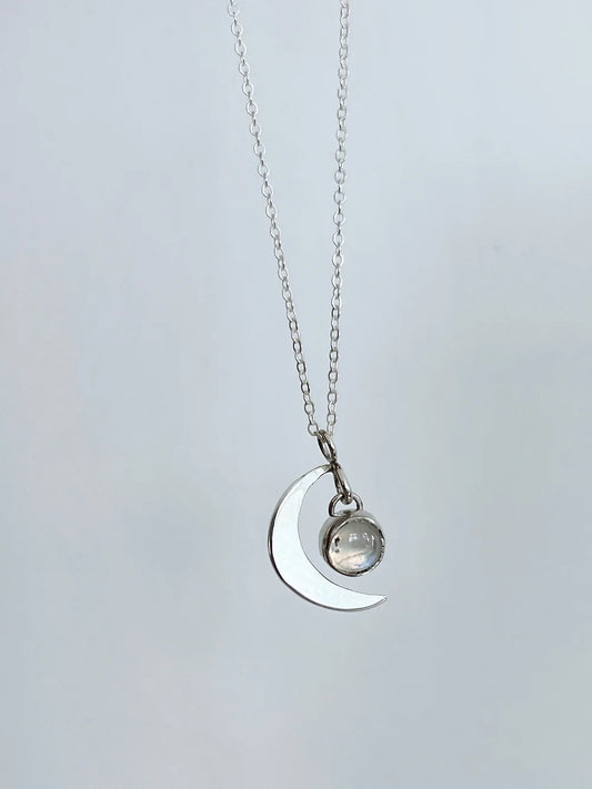 Sterling Silver Moonstone and Crescent Moon Necklace